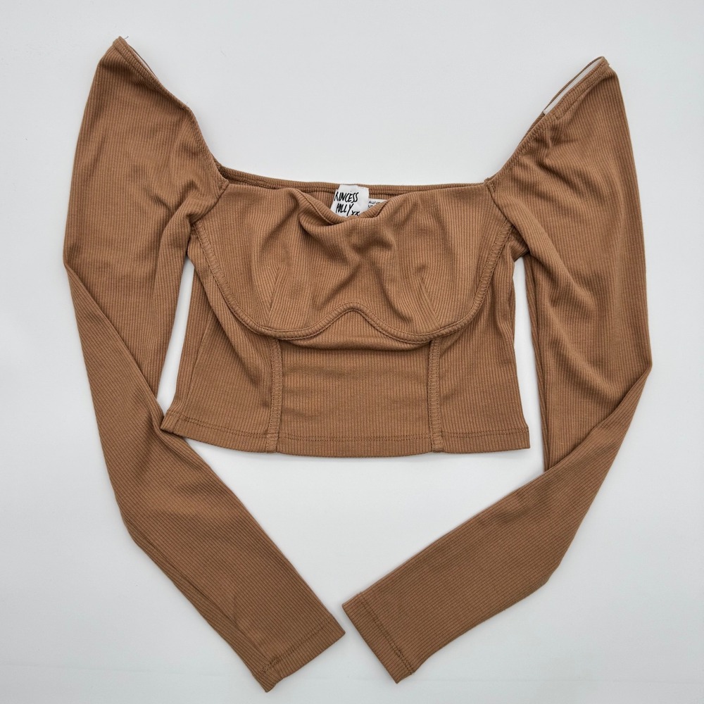 Princess Polly Light Brown‎ Ribbed Long Sleeve Crop Top